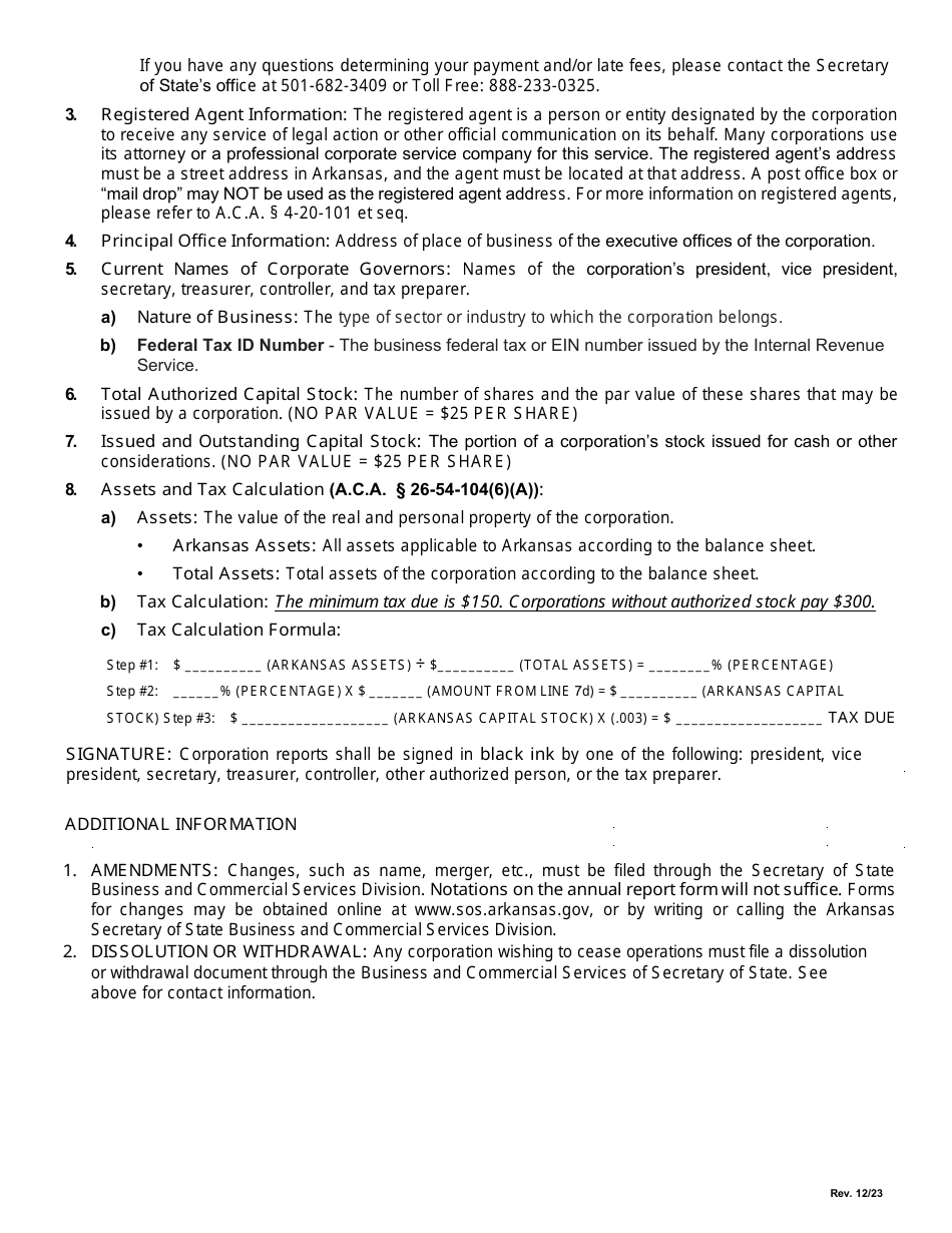 2024 Arkansas Annual Corporation Franchise Tax Report Corporations