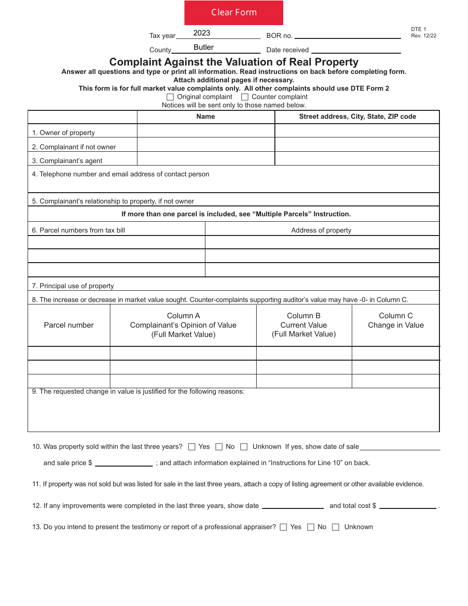DTE Form 1 Complaint Against the Valuation of Real Property - Butler County, Ohio, Page 5