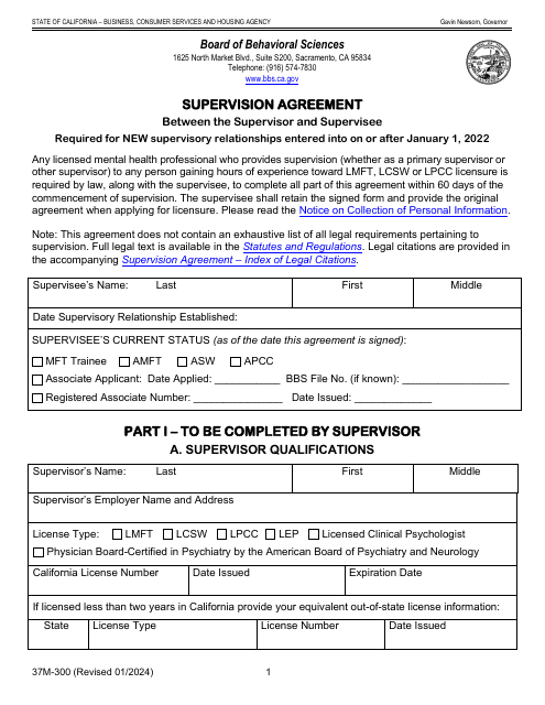 Form 37M-300 Supervision Agreement Between the Supervisor and Supervisee - California