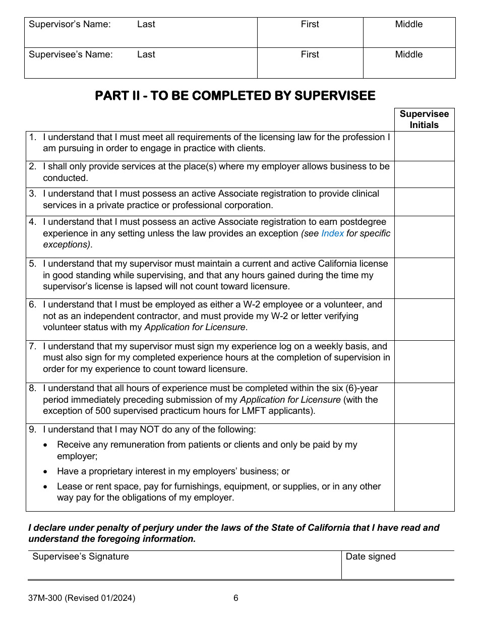 Form 37M-300 Supervision Agreement Between the Supervisor and Supervisee - California, Page 6