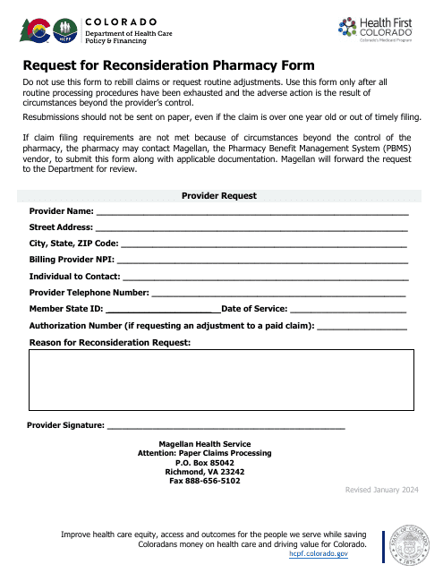 Request for Reconsideration Pharmacy Form - Colorado Download Pdf