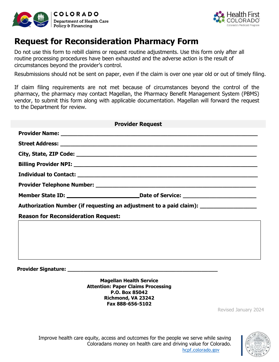 Colorado Request for Reconsideration Pharmacy Form Download Fillable