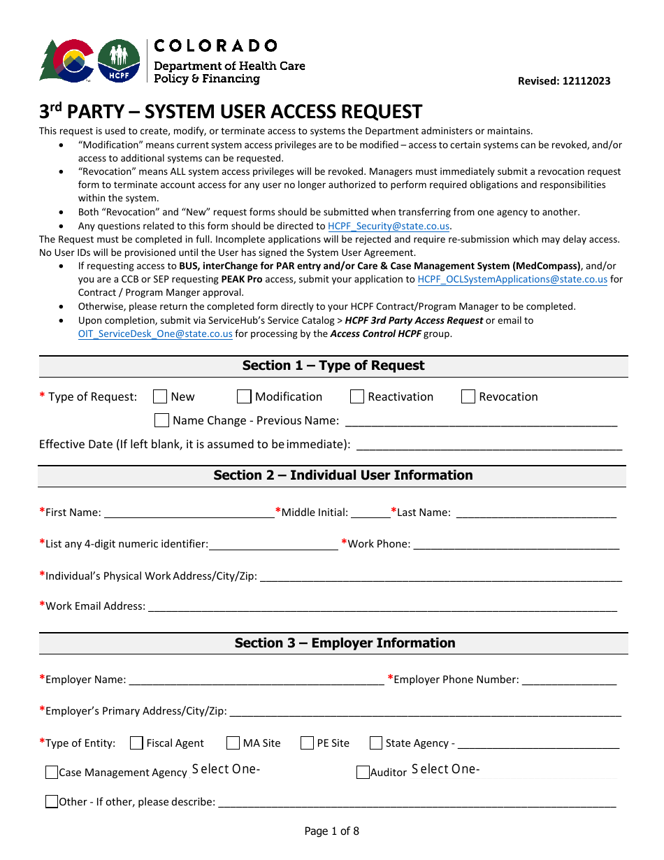 Third Party User Access Request Form (Bus  Bridge Access Form) - Colorado, Page 1