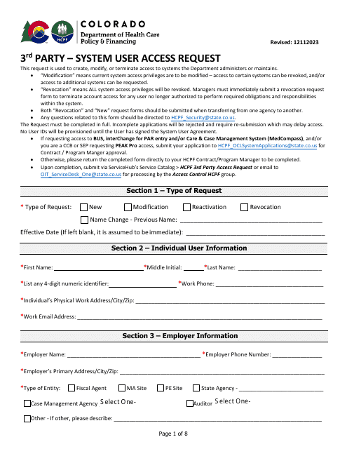Third Party User Access Request Form (Bus & Bridge Access Form) - Colorado Download Pdf