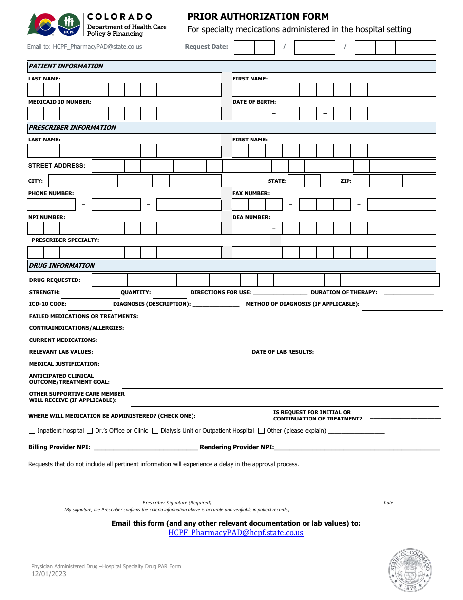 Prior Authorization Form for Specialty Medications Administered in the Hospital Setting - Colorado, Page 1
