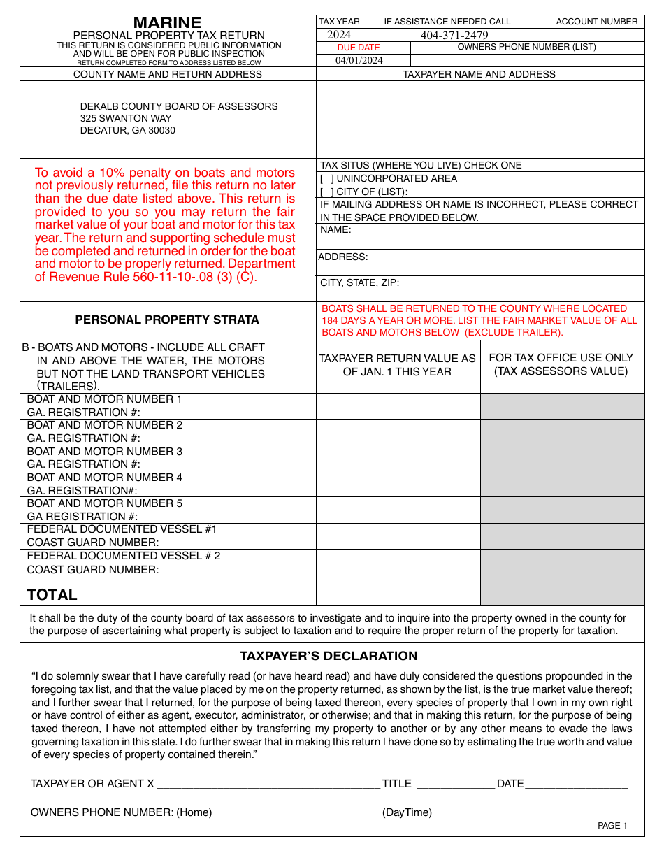 Form PT-50M Marine Personal Property Tax Return - DeKalb County, Georgia (United States), Page 3