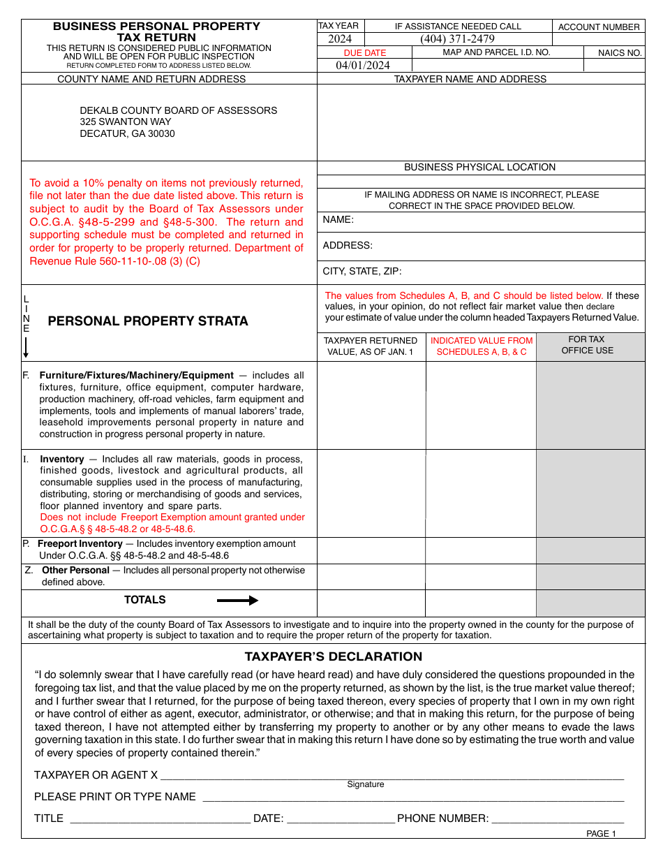 Form PT-50P Business Personal Property Tax Return - DeKalb County, Georgia (United States), Page 3