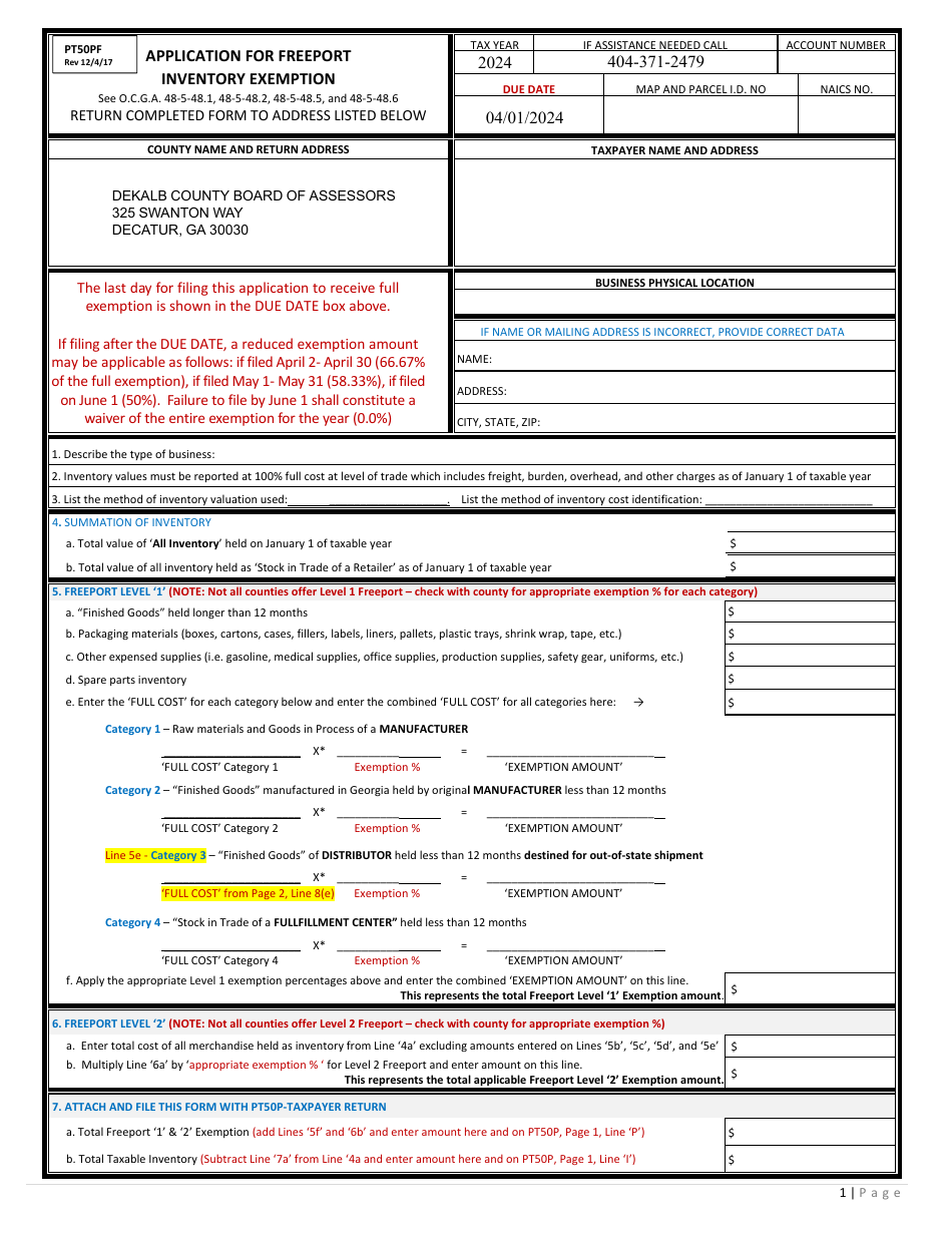 Form PT-50PF Application for Freeport Inventory Exemption - DeKalb County, Georgia (United States), Page 3