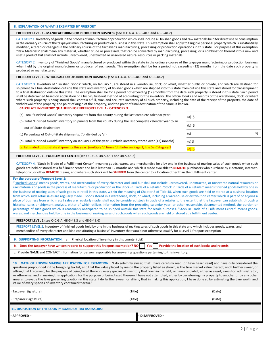 Form PT-50PF Application for Freeport Inventory Exemption - DeKalb County, Georgia (United States), Page 4