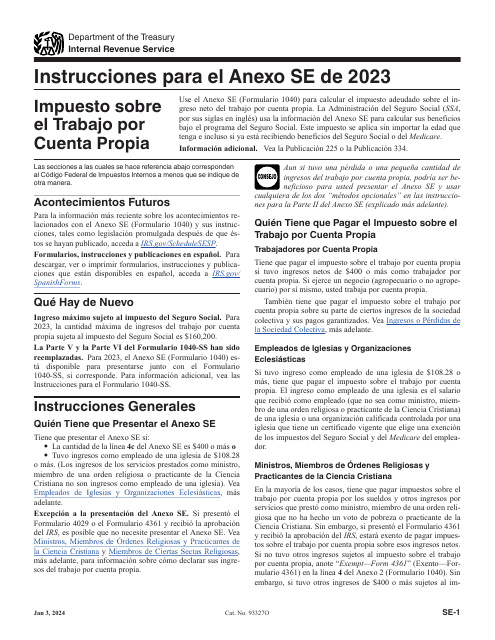 Instrucciones para IRS Formulario 1040 (SP) Anexo SE Impuesto Sobre El Trabajo Por Cuenta Propia (Spanish)