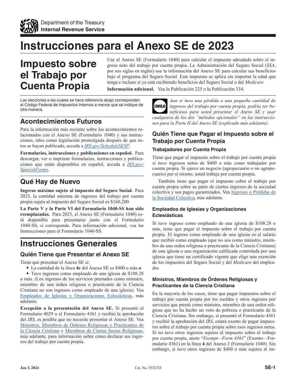 Instrucciones para IRS Formulario 1040 (SP) Anexo SE Impuesto Sobre El Trabajo Por Cuenta Propia (Spanish), Page 1