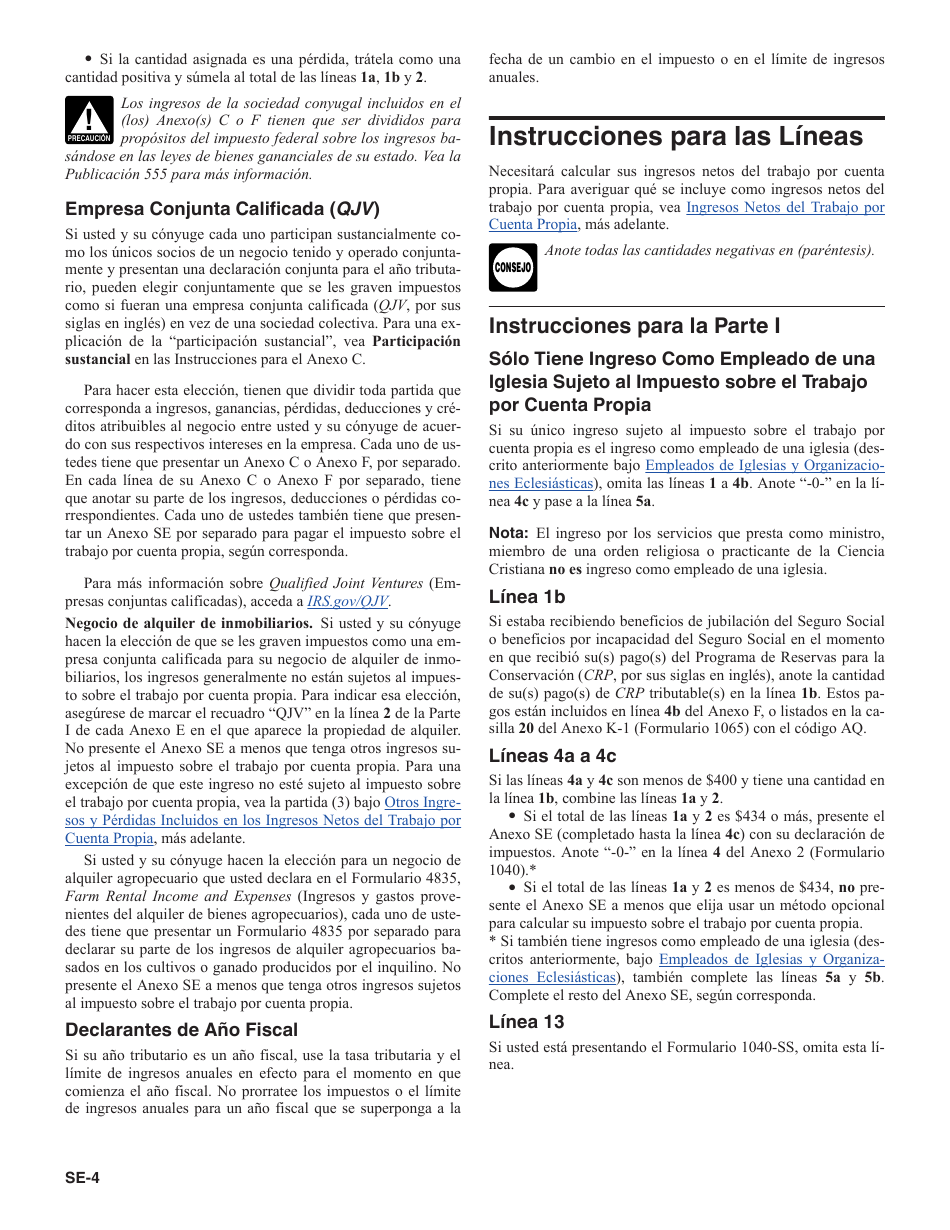 Instrucciones para IRS Formulario 1040 (SP) Anexo SE Impuesto Sobre El Trabajo Por Cuenta Propia (Spanish), Page 4