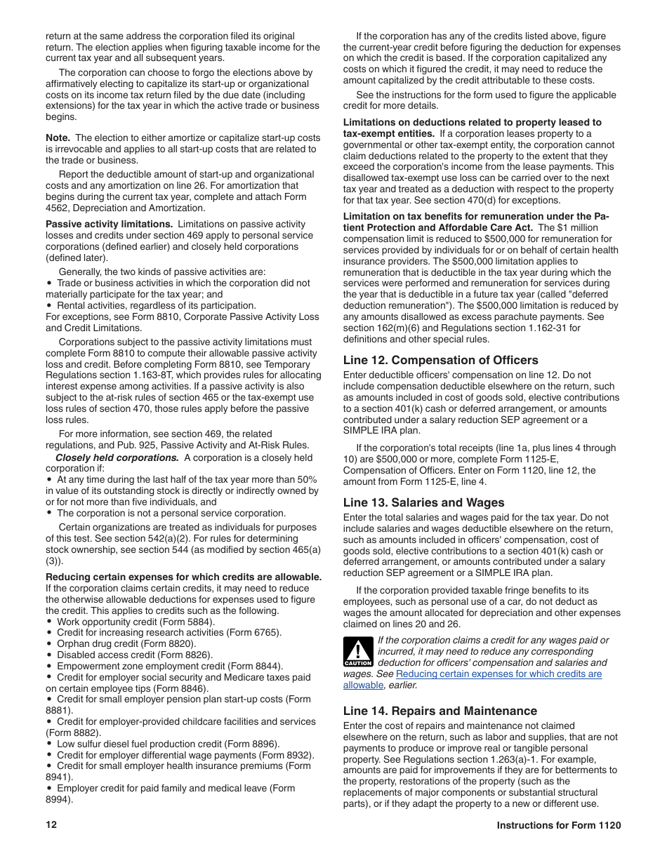 Instructions for IRS Form 1120 U.S. Corporation Income Tax Return, Page 12