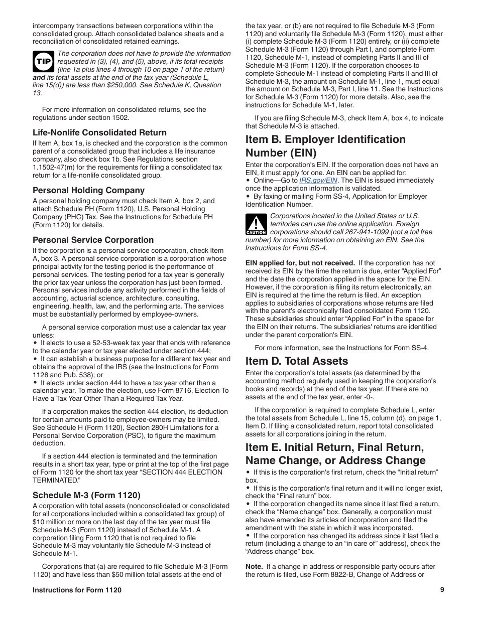 Instructions for IRS Form 1120 U.S. Corporation Income Tax Return, Page 9