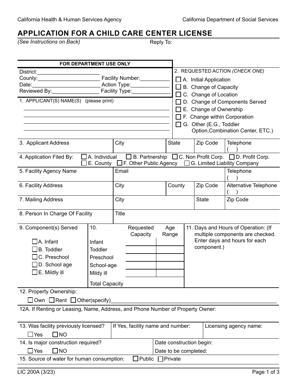 Form LIC200A Application for a Child Care Center License - California, Page 1