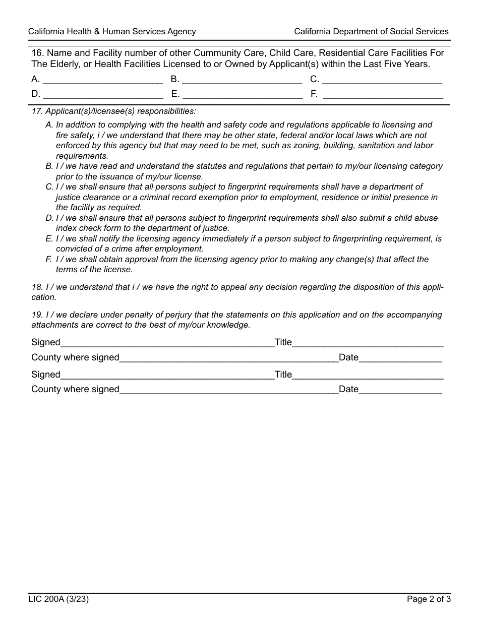 Form LIC200A Application for a Child Care Center License - California, Page 2