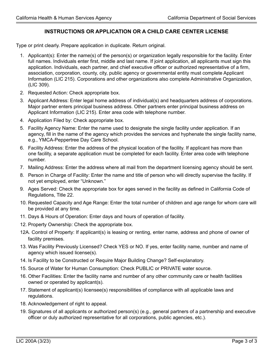 Form LIC200A Application for a Child Care Center License - California, Page 3