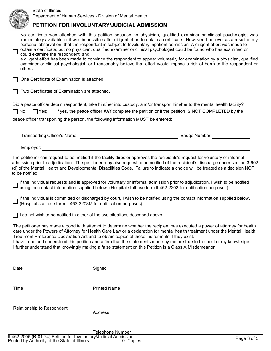 Form IL432-2005 Petition for Involuntary / Judicial Admission - Illinois, Page 3