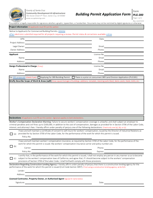 Form PLG-200 Building Permit Application Form - County of Santa Cruz, California