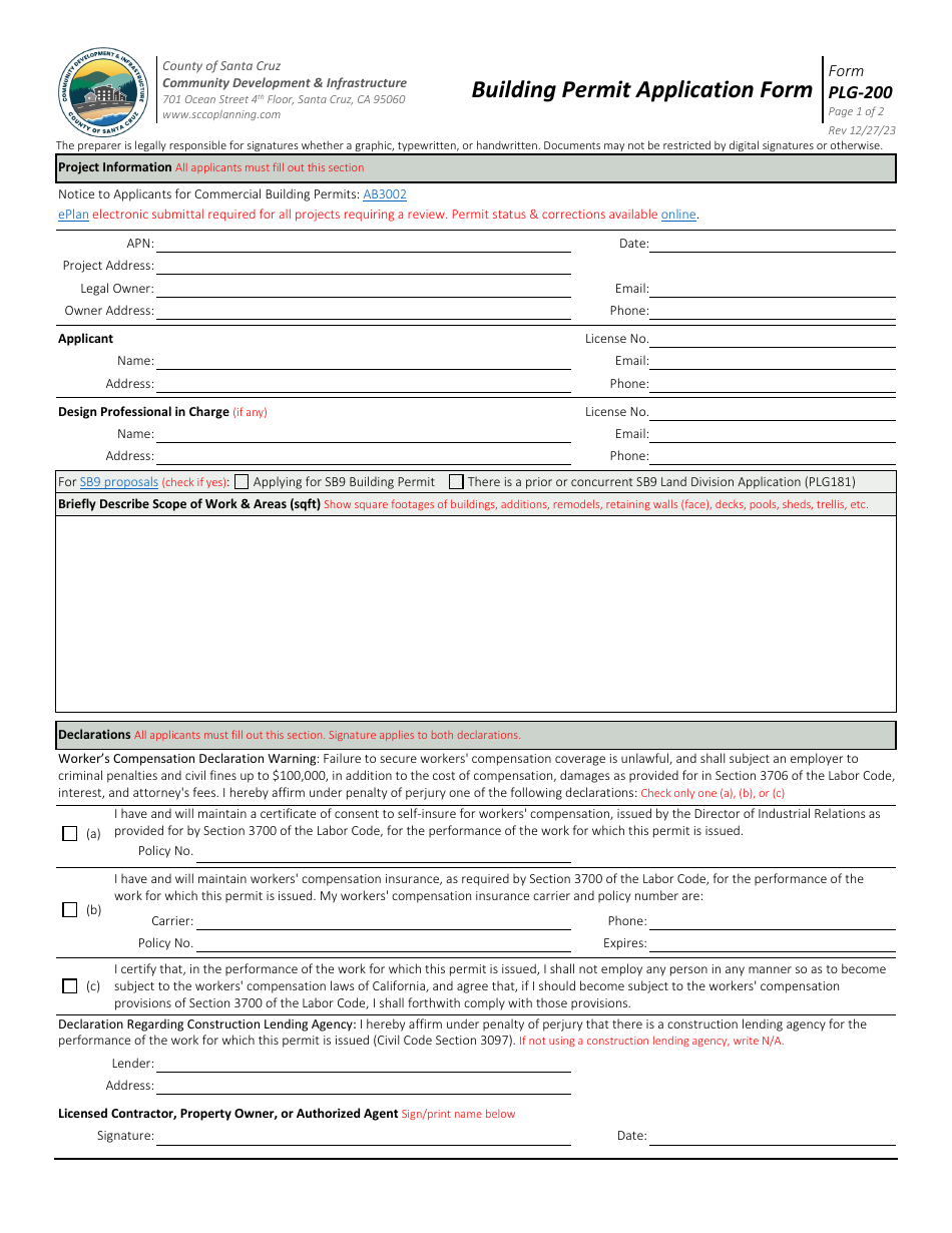 Form PLG-200 Building Permit Application Form - County of Santa Cruz, California, Page 1