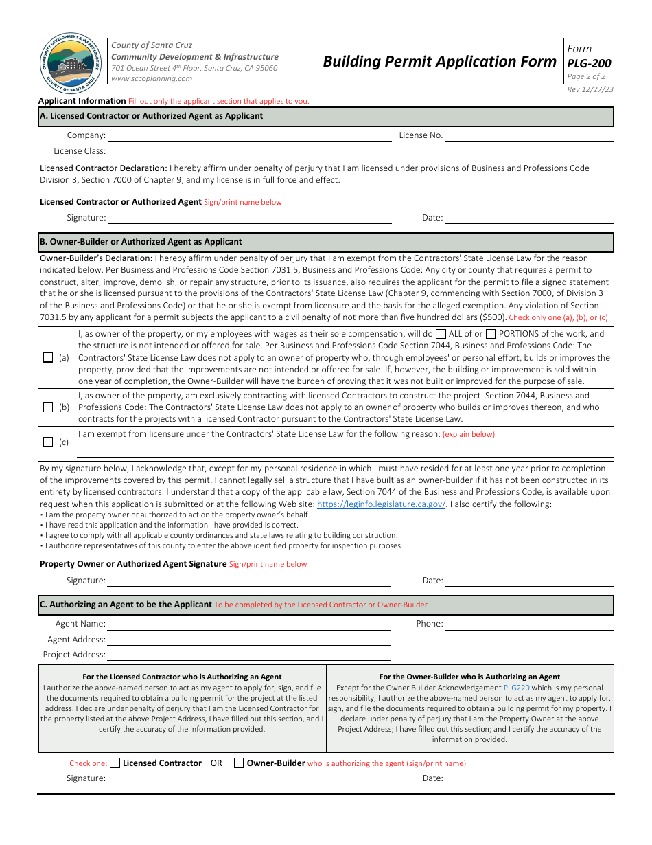Form PLG-200 Building Permit Application Form - County of Santa Cruz, California, Page 2