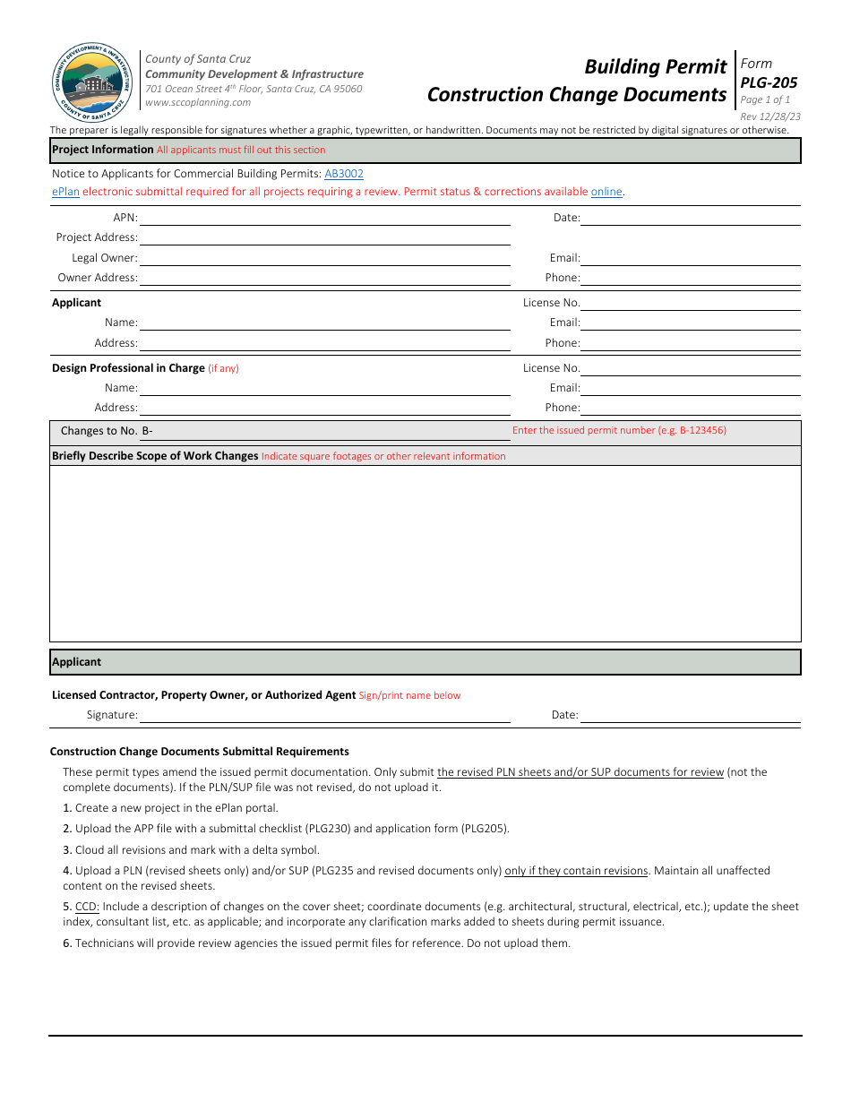 Form PLG-205 Building Permit - Construction Change Documents - County of Santa Cruz, California, Page 1
