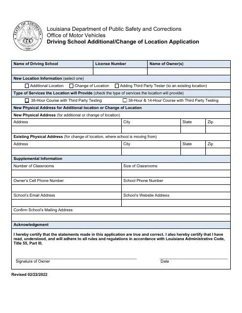 Driving School Additional / Change of Location Application - Louisiana Download Pdf