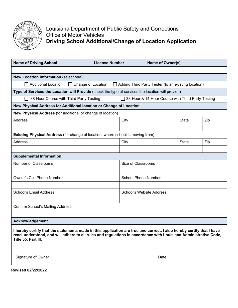 Louisiana Driving School Additional/Change of Location Application ...