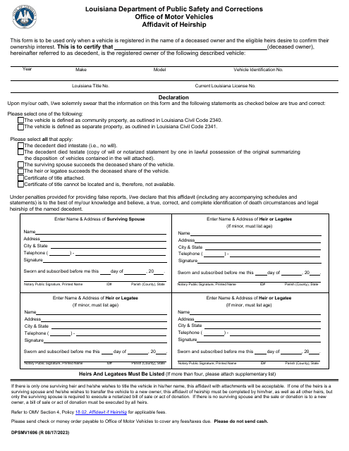 Form DPSMV1696 Affidavit of Heirship - Louisiana
