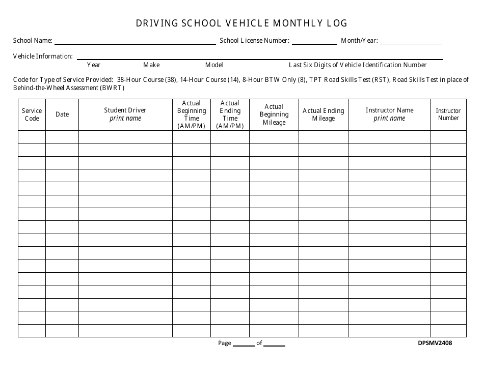 Form DPSMV2408 Driving School Vehicle Monthly Log - Louisiana, Page 1