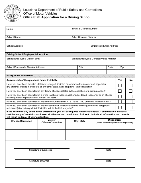Office Staff Application for a Driving School - Louisiana Download Pdf
