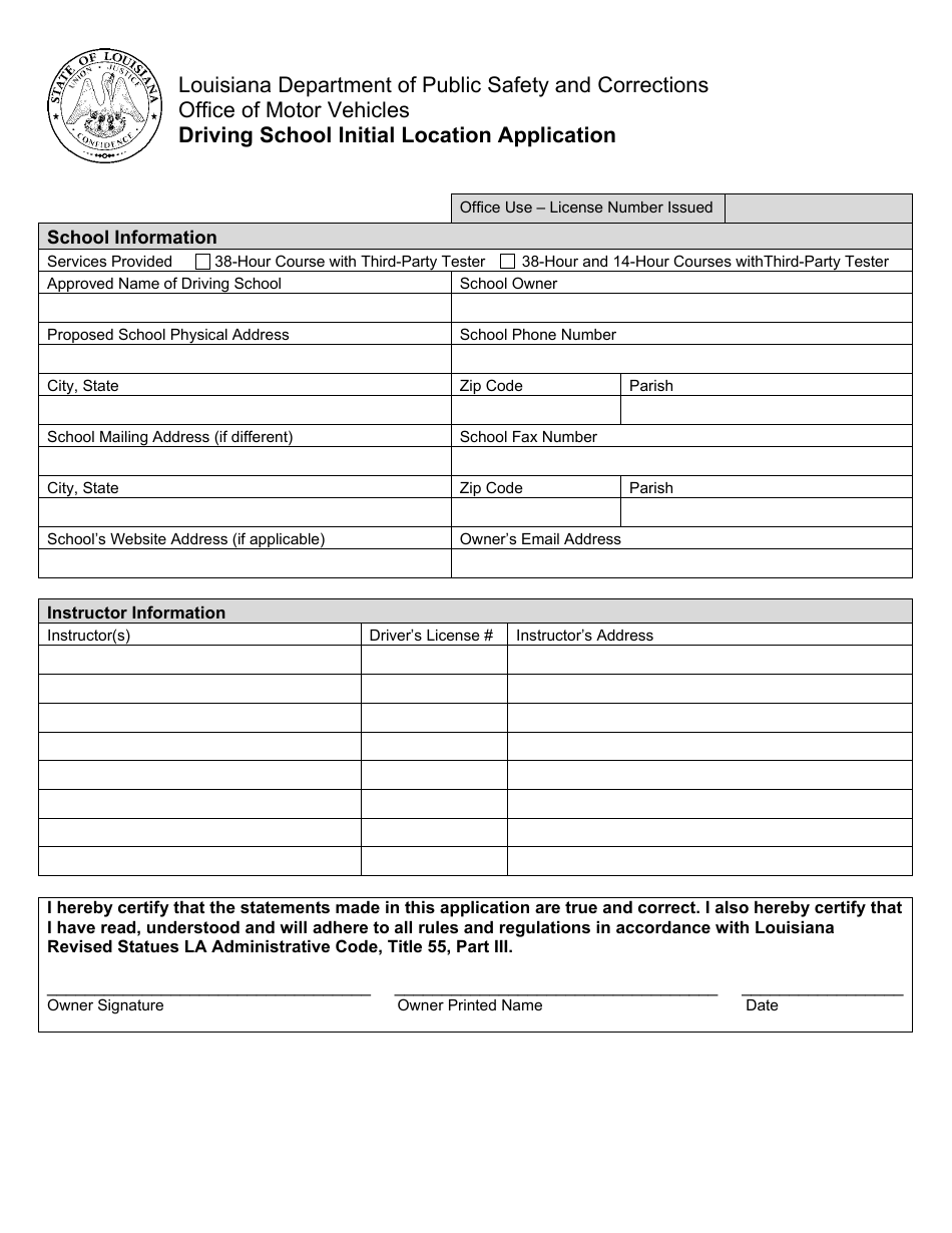 Driving School Initial Location Application - Louisiana, Page 1