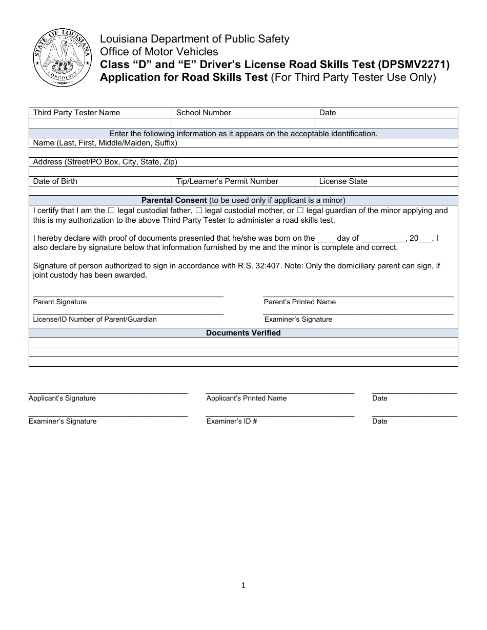 Form DPSMV2271 Class d and e Drivers License Road Skills Test - Application for Road Skills Test - Louisiana, Page 1