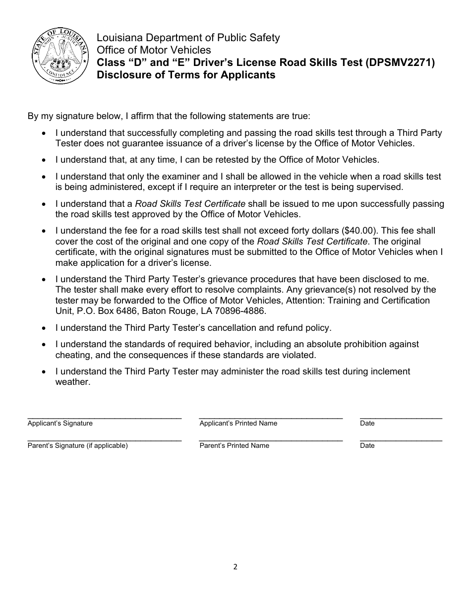Form DPSMV2271 Class d and e Drivers License Road Skills Test - Application for Road Skills Test - Louisiana, Page 2