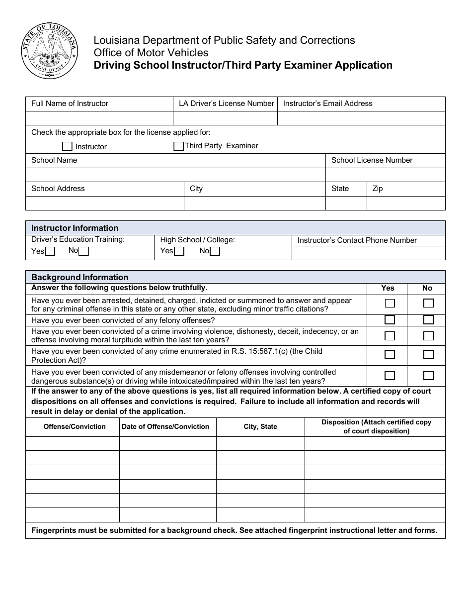 Driving School Instructor / Third Party Examiner Application - Louisiana, Page 1