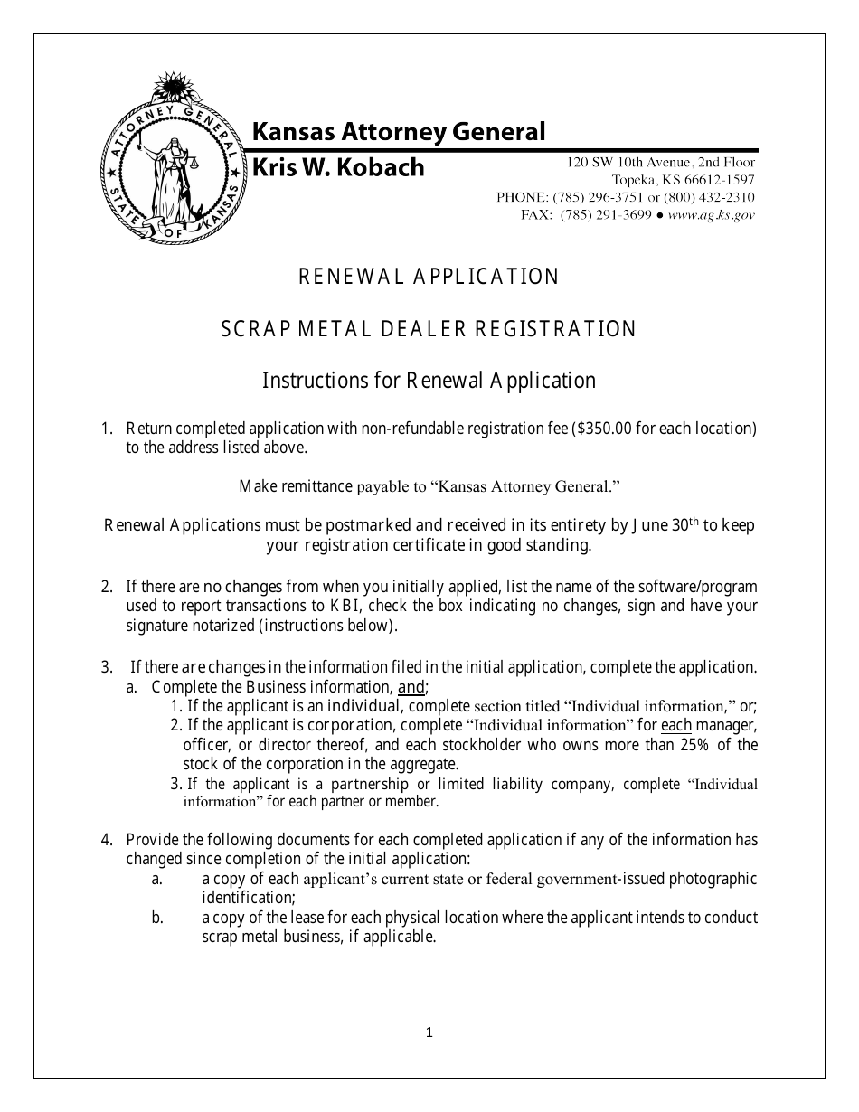 Renewal Application for Scrap Metal Dealer Registration - Kansas, Page 1