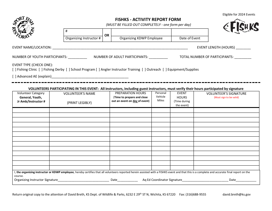 Fishks - Volunteer Activity Report Form - Kansas, Page 1