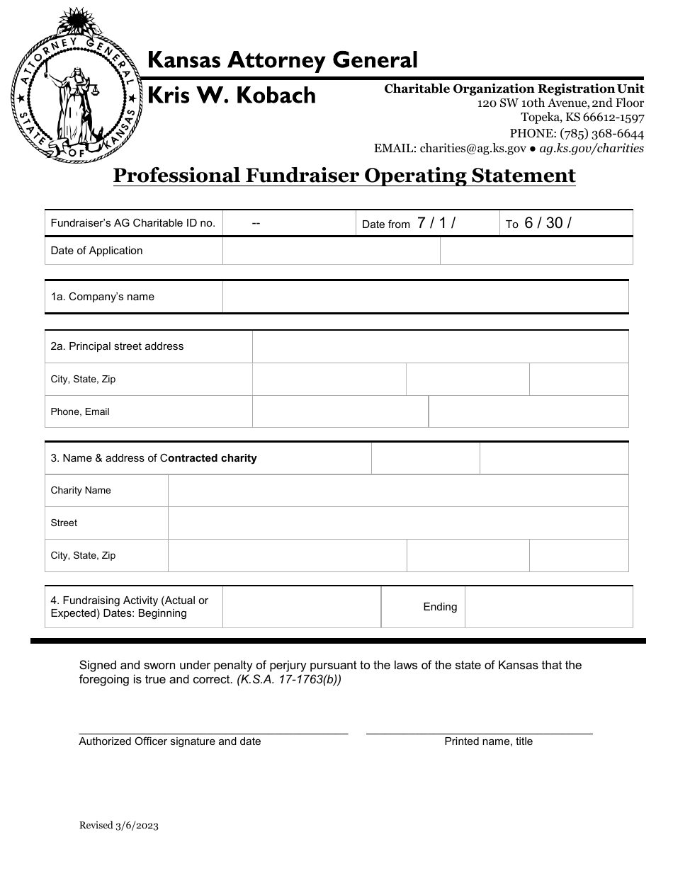 Kansas Professional Fundraiser Operating Statement Fill Out, Sign