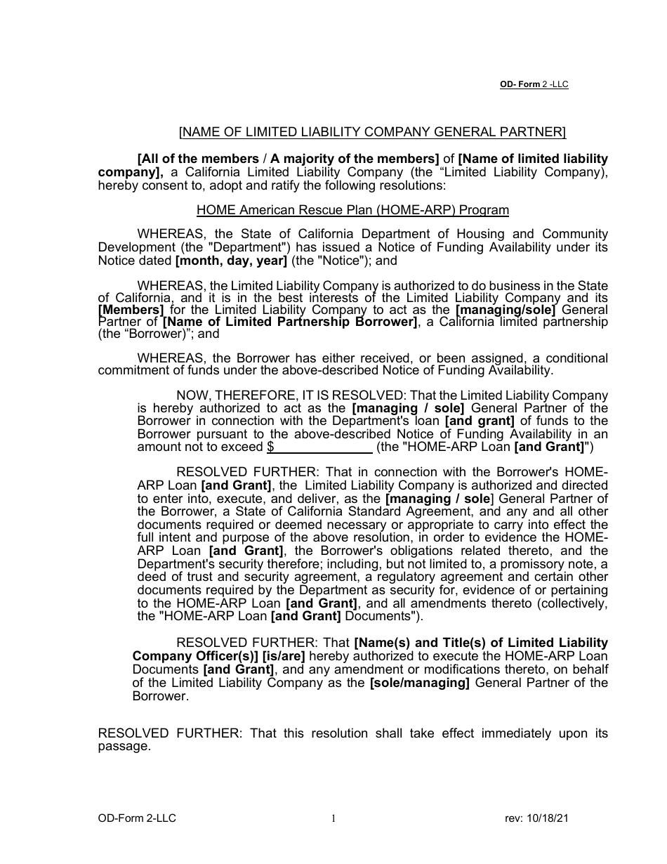 OD- Form 2 LLC Resolution of LLC - Home American Rescue Plan (Home-Arp) Program - California, Page 1