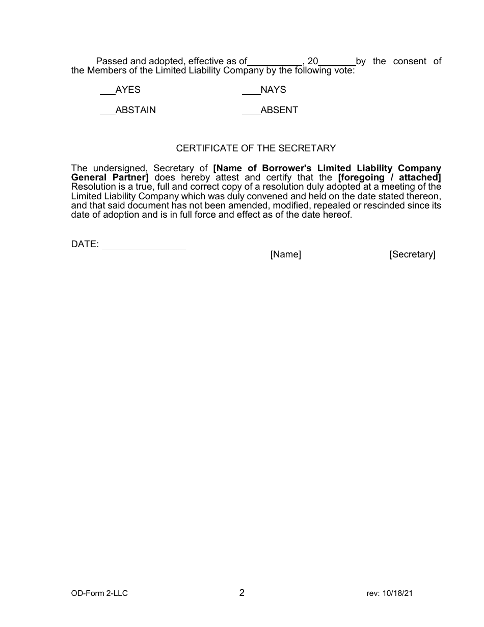 OD- Form 2 LLC Resolution of LLC - Home American Rescue Plan (Home-Arp) Program - California, Page 2