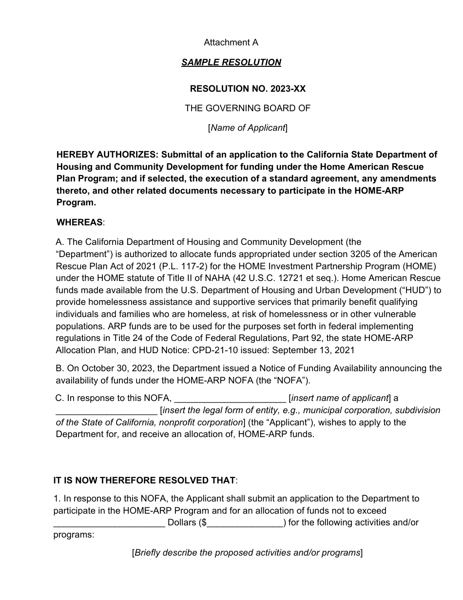 Attachment A Resolution - Sample Form - California, Page 1