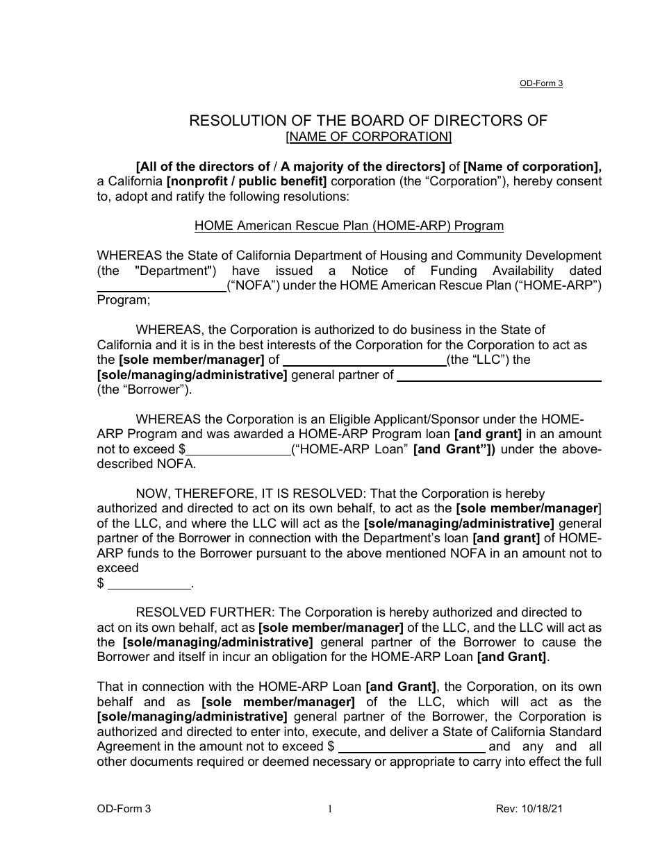 OD- Form 3 SPONSOR Resolution of the Board of Directors - Home American Rescue Plan (Home-Arp) Program - California, Page 1