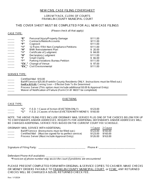 New Civil Case Filing Coversheet - Franklin County, Ohio Download Pdf