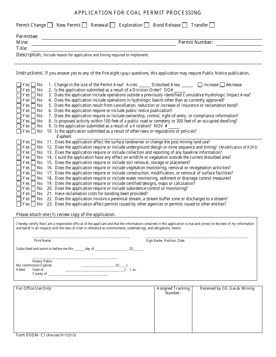 Form DOGM-C1 (DOGM-C2) Application for Coal Permit Processing - Utah, Page 1
