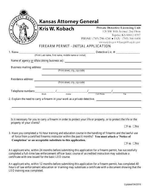 Firearm Permit - Initial Application - Kansas Download Pdf