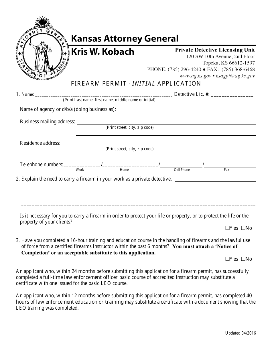 Firearm Permit - Initial Application - Kansas, Page 1