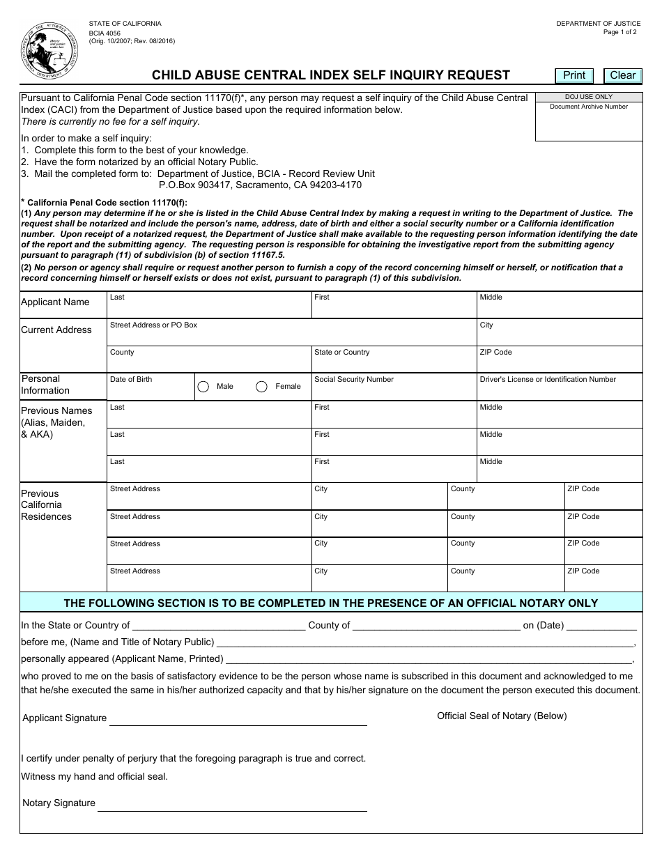 Form BCIA4056 Child Abuse Central Index Self Inquiry Request - California, Page 1