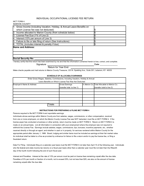 MCT Form 4 Individual Occupational License Fee Return - Marion County, Kentucky