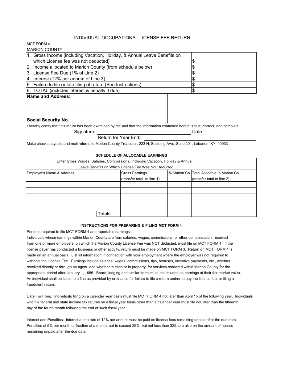 MCT Form 4 Individual Occupational License Fee Return - Marion County, Kentucky, Page 1
