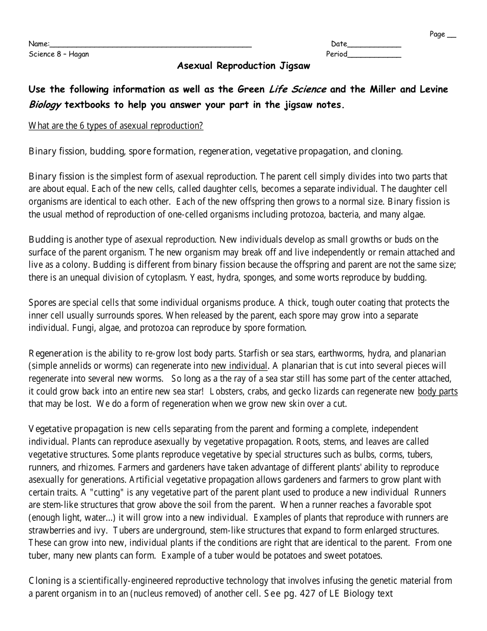 Asexual Reproduction Worksheet - 8th Grade, Mrs. Hagan, Washingtonville Middle School, Page 4